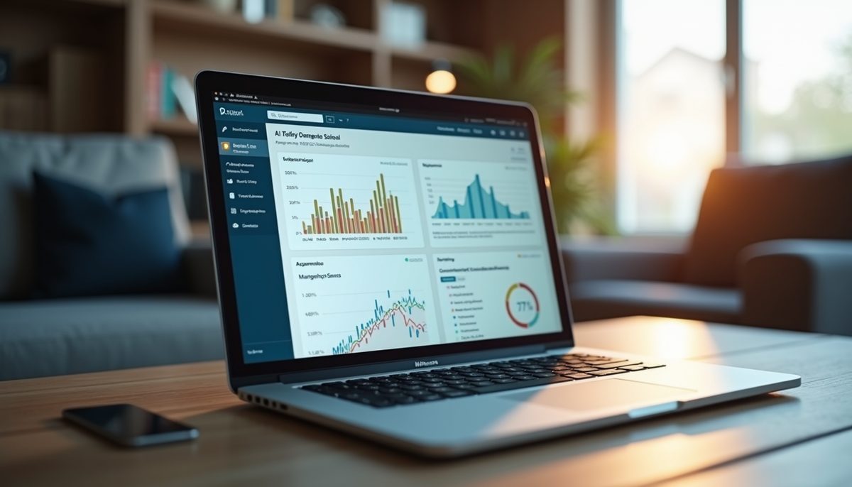 A laptop on a table showing an online course dashboard with charts